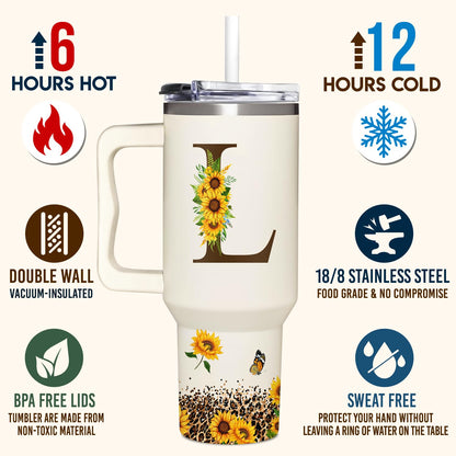 Personalized Birthday Gifts For Women - Sunflowers Monogrammed Cup For Boss Day, Christmas - Customized Gifts For Women, Mom, Wife, Coworkers, Boss Lady, Her - Custom Tumbler With Handle 40oz