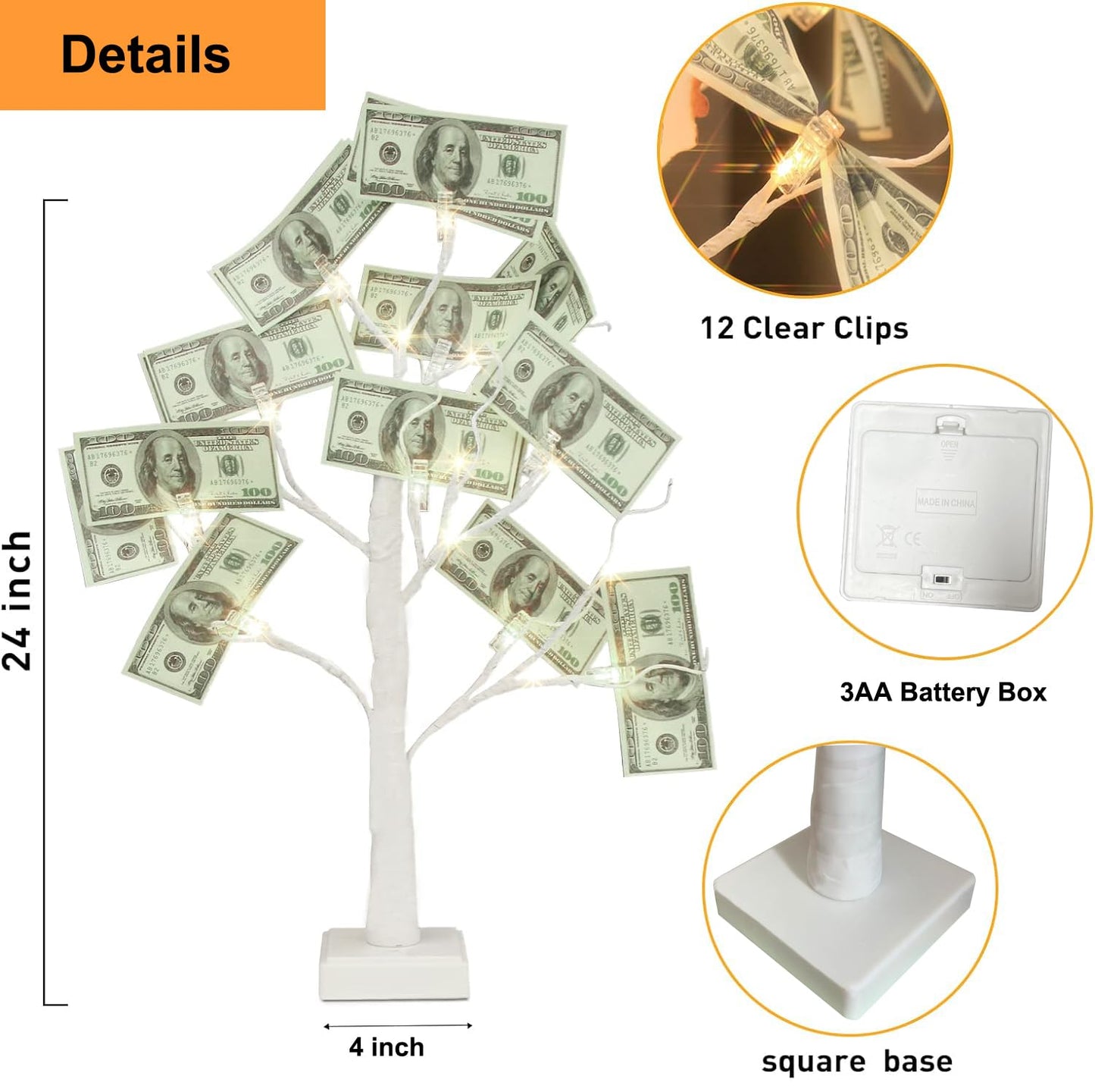 Money Tree Gift Holder, 2FT 24 LED Birch Tree with 12 Clear Clips, Battery Powered Lighted Display Card Trees for Christmas,Wedding, Photo Memo, Birthday Graduation（White）