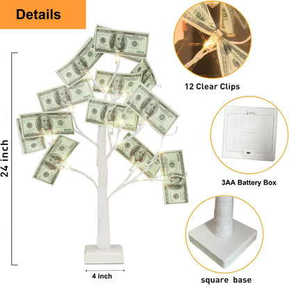 Money Tree Gift Holder, 2FT 24 LED Birch Tree with 12 Clear Clips, Battery Powered Lighted Display Card Trees for Christmas,Wedding, Photo Memo, Birthday Graduation（White）