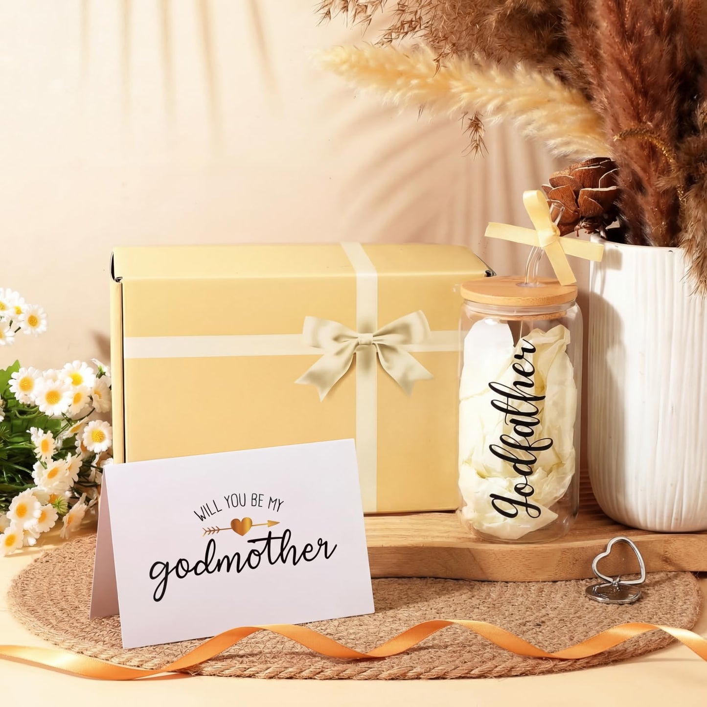 Mimorou 7 Pcs Fathers Day Godparents Proposal Gift Set Will You Be My Godparents from Godchild Godmother Godfather Gift with Glass Cups Keychains Cards Box for Birthday Baptism (Champagne)