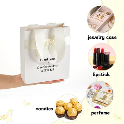 50 Pcs Wedding Gift Bags for Guests Bulk with Bow Ribbon Handles 6.2x7.2x2.5 Inch Wedding Favor Bag Thank You Gift Bags for Party Favor Bridesmaid Bags Bridal Shower Valentine Birthday Supplies(Beige)