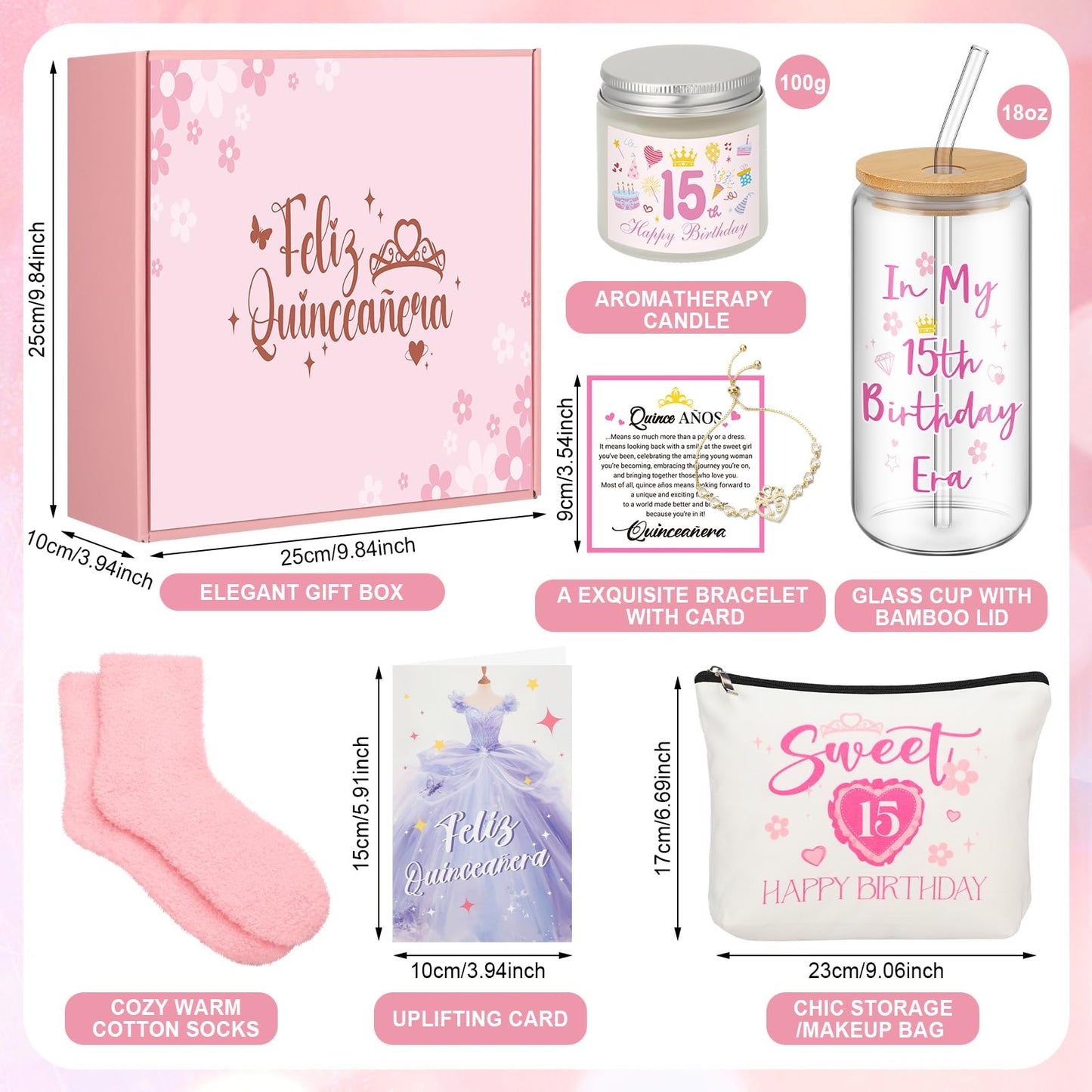 8 Pcs Quinceañera Gifts Set for Girls, 15 Year Old Girl Birthday Decorations 15th Birthday Gifts for Daughter, Granddaughter, Sister, and Niece