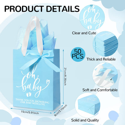 PerKoop 50 Packs Baby Shower Gifts Bags Bulk Baby Shower Favor Bags with Handle Paper and 50 Sheets Decorative Tissue Paper for Guests Gifts Gender Reveal(Blue)