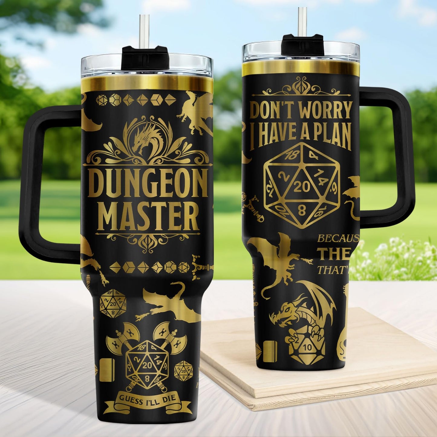 34HD Dungeon Dice Game Tumbler 40oz with Handle and Straw, Master Dragon Laser Engraved Insulated Travel Coffee Cup - Funny Birthday Gifts for Gamers, Friends & BFF