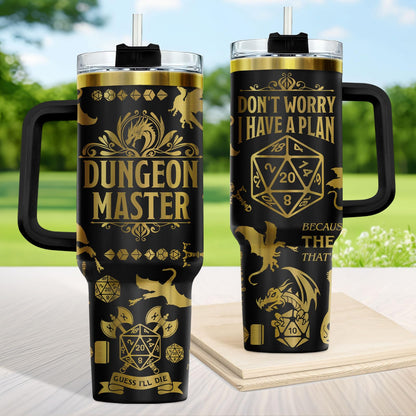 34HD Dungeon Dice Game Tumbler 40oz with Handle and Straw, Master Dragon Laser Engraved Insulated Travel Coffee Cup - Funny Birthday Gifts for Gamers, Friends & BFF