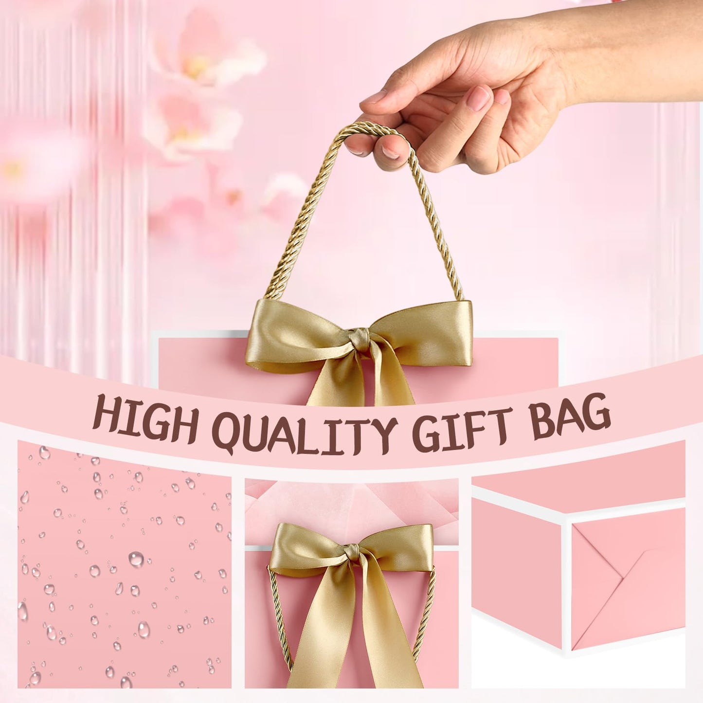 YoungTree Pink Gift Bags with Handles, 13" Medium Gift Bag with 2 Tissue Paper and 1 Card, Present Bag for Graduation Wedding Baby Shower Bridal Shower Birthday Party (Pink-White)