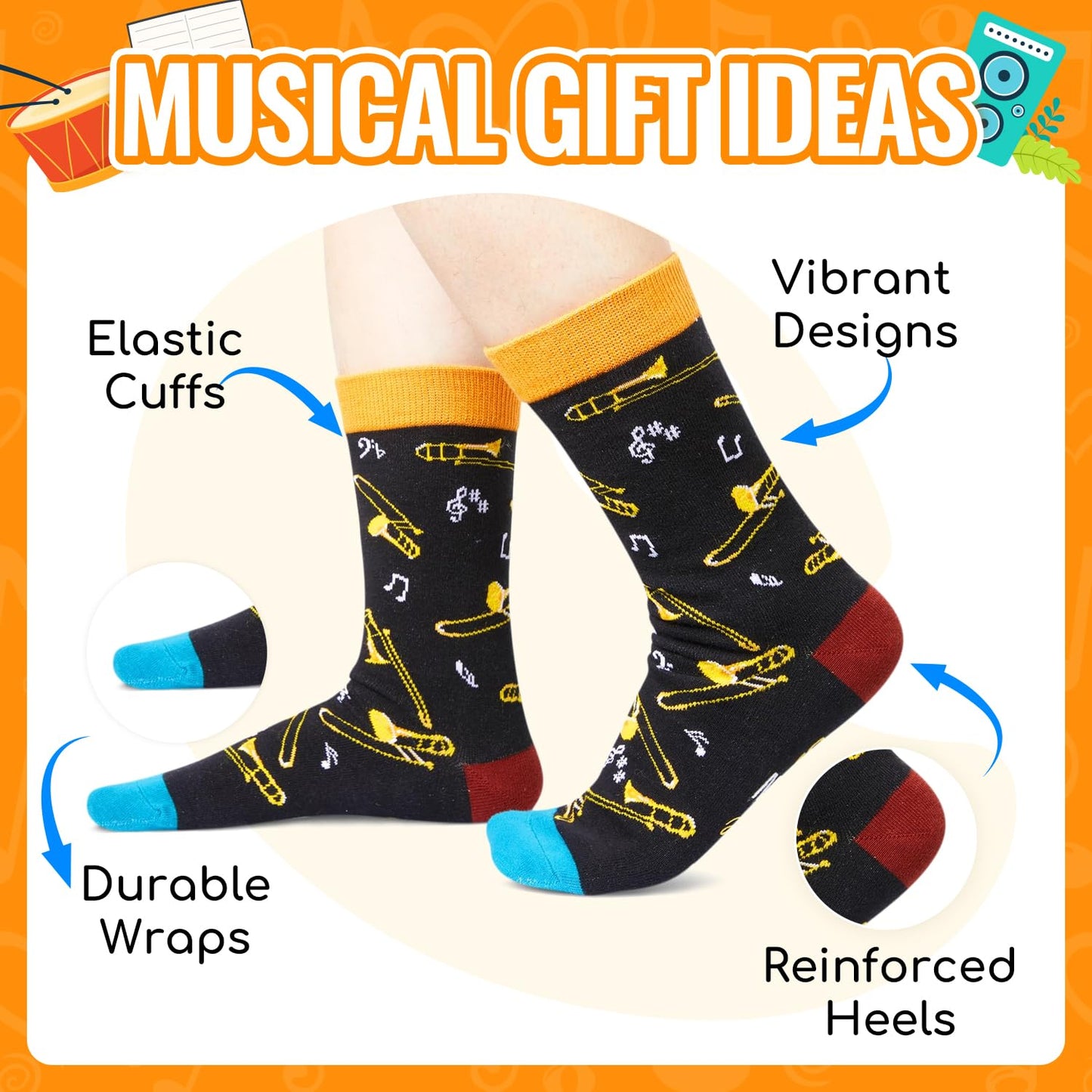 HAPPYPOP Music Gifts for Men Women - Trombone & Bass Gifts, Piano Guitar Socks