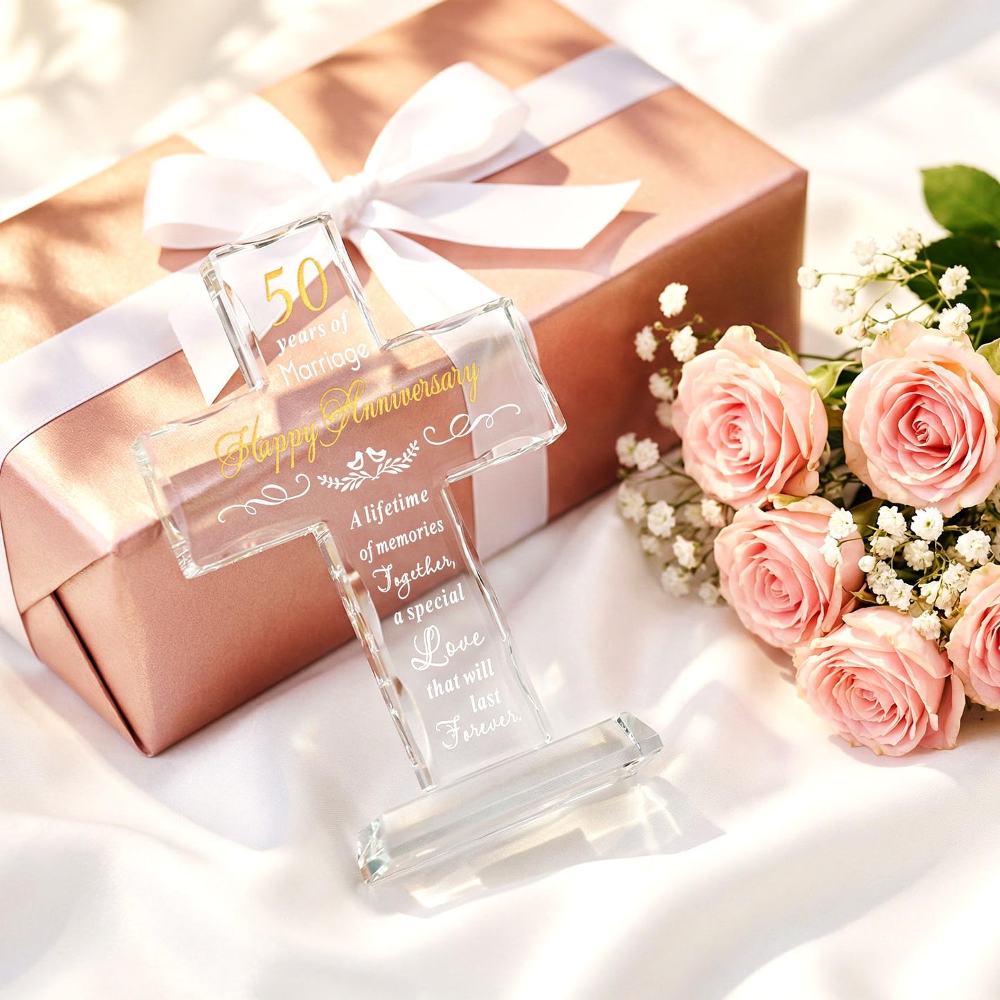 YWHL 50th Wedding Anniversary Religious Cross Gifts for Women Men, 50 Year Anniversary Romantic Gift for Him Her, Laser Engraved Glass Standing Cross Keepsake for Couple, 50 Years of Marriage Present