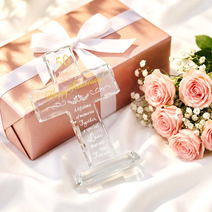 YWHL 50th Wedding Anniversary Religious Cross Gifts for Women Men, 50 Year Anniversary Romantic Gift for Him Her, Laser Engraved Glass Standing Cross Keepsake for Couple, 50 Years of Marriage Present
