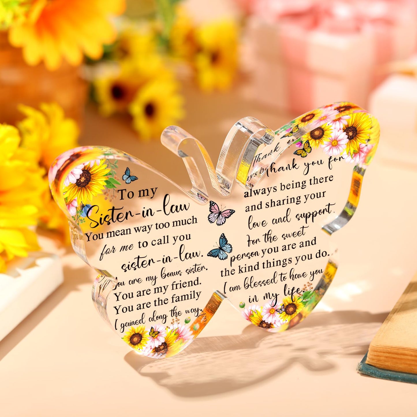 Barydat Sister-in-Law Gifts from Sister Thank You Butterfly Friendship Family Birthday Gift Love You Sister Acrylic Decorative Signs Plaques for Housewarming Wedding Anniversary