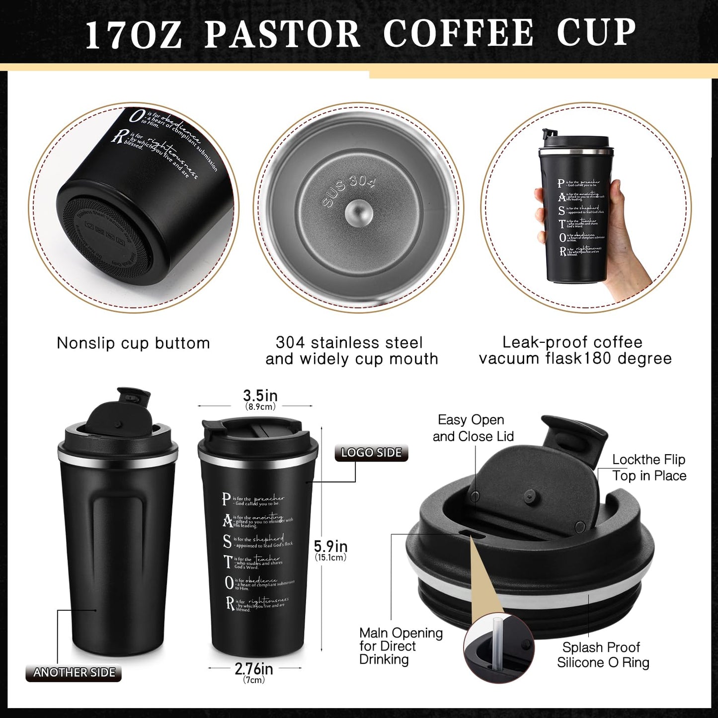 Roshtia 3 Pcs Pastor Appreciation Gift for Men Christian Ordination Gift Ministers Religious Inspirational 17oz Stainless Steel Tumbler with Lid Leather Toiletry Bag Keychain for Fathers Dad Husband