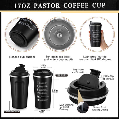 Roshtia 3 Pcs Pastor Appreciation Gift for Men Christian Ordination Gift Ministers Religious Inspirational 17oz Stainless Steel Tumbler with Lid Leather Toiletry Bag Keychain for Fathers Dad Husband