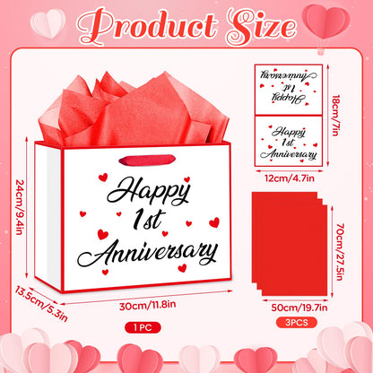 Innovoscape Happy 1st Anniversary Party Gift Bag 1st Anniversary Favor Bag with Card and Tissue Paper Valentine's Day Gift Bag Large One Year Wedding Bag for Couple Wedding Party Decorations