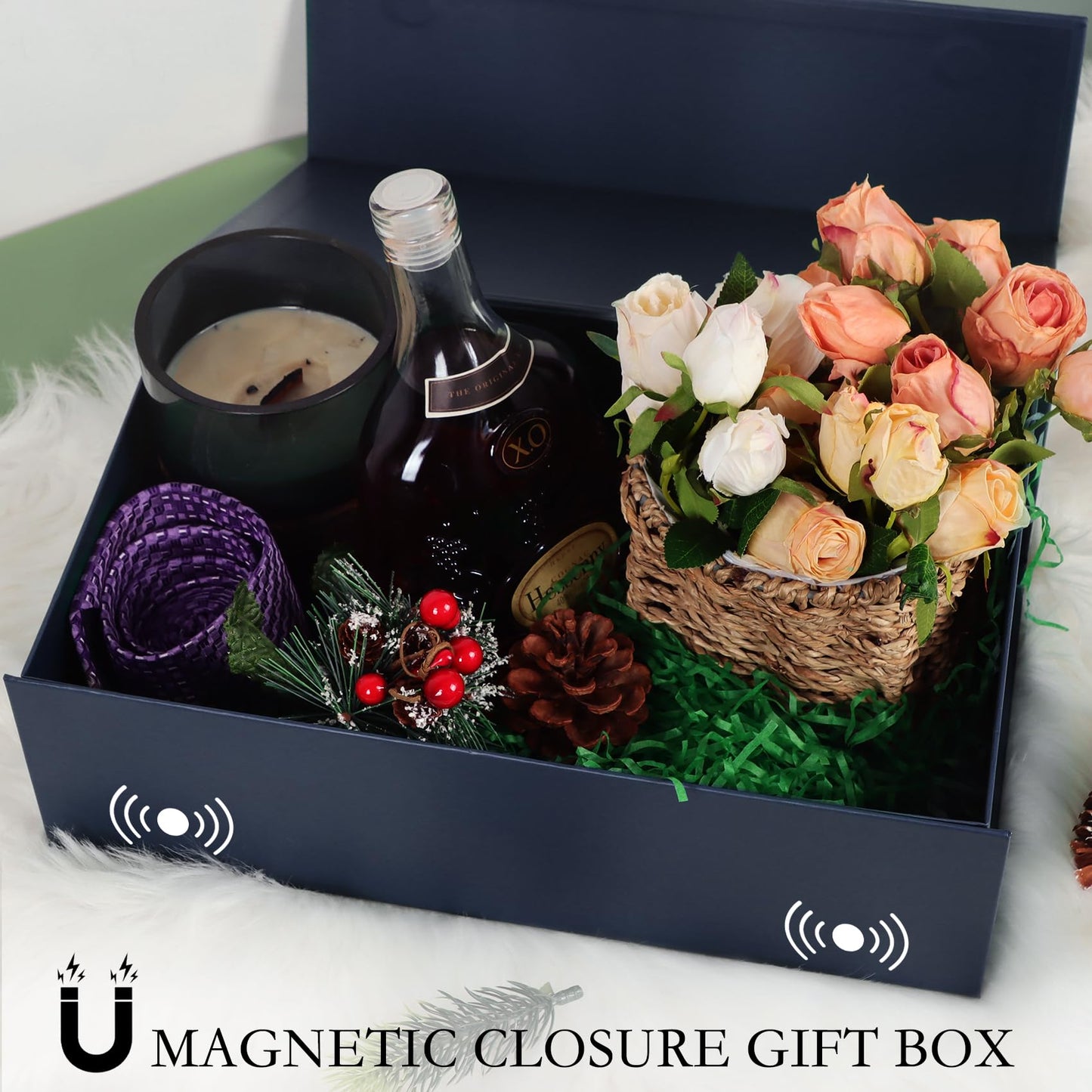 LFBOX Navy Blue Gift Box with Magnetic Lids 13.8x8.3x4.4 in, Bridesmaid Groomsman Proposal Box, Large Rectangle Storage Box 1 Pack