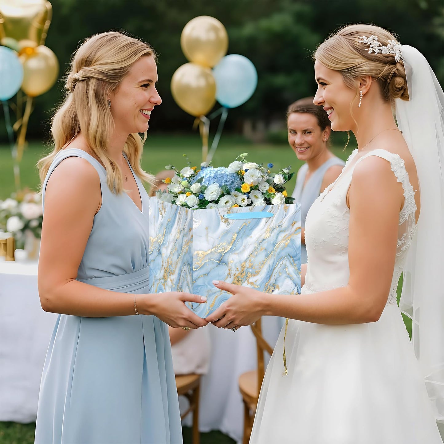 Woosytoo 12 Inch Extra Large Gift Bags - Blue Gold Marble Square Gift Bag with Handles Jumbo Wedding Gift Bags Giant Wrapping Paper Bag for Birthday Christmas Engagement Bridal Shower Party Favors