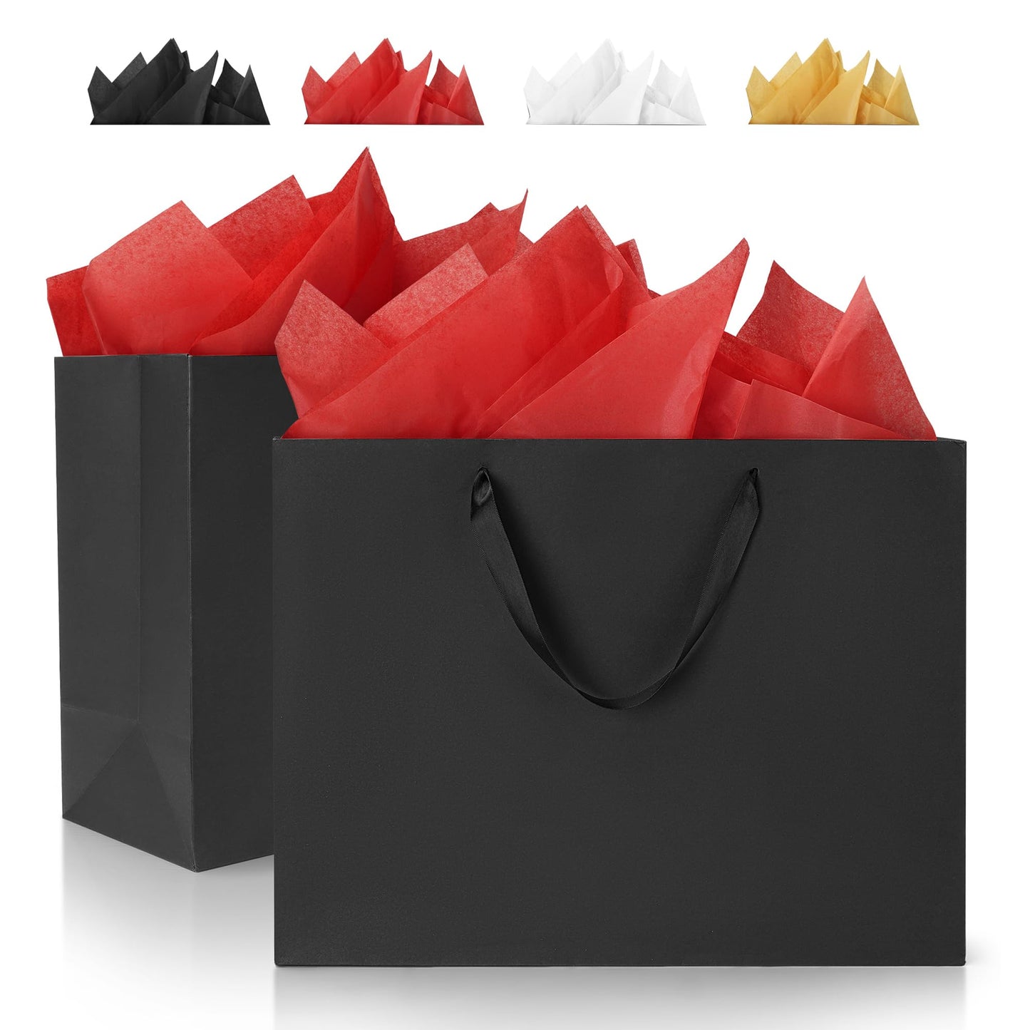 Argivean Extra Large Black Gift Bags: 2pcs 16x6x12 Inch Gift Bags With Handle For Birthday Wedding Party Business (With Red Tissue Paper)