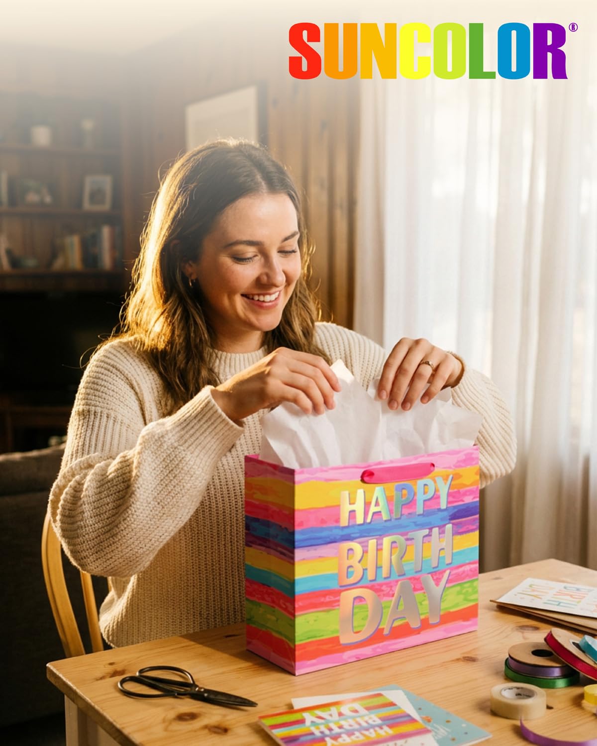SUNCOLOR Large Happy Birthday Gift Bag with Tissue Paper & Card, 13 x 10.2 x 4.7 Inches Premium Paper Bag for Birthday, Kids', Women's & Mother's Gifts
