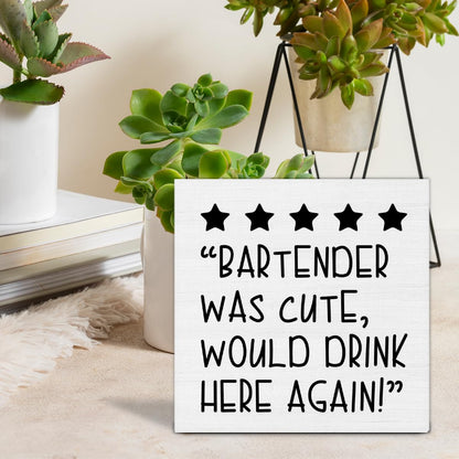 Funny Bartender Gifts for Women Men, Would Drink Here Again Sign, Bar Cart Decor, Bartender Was Cute Would Drink Here Again Wood Sign Decoration for Home Kitchen Bar Desk Shelf Table 5 X 5 Inch