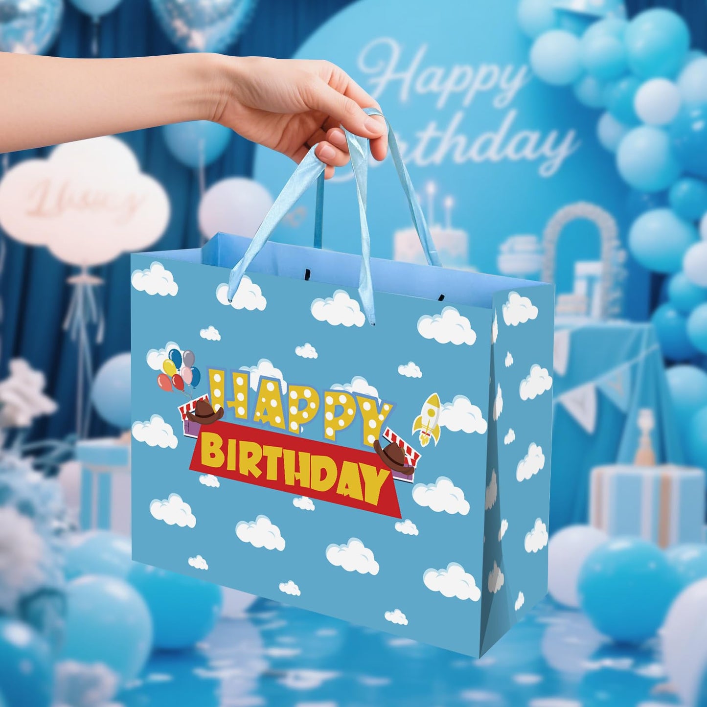 Blue Sky White Clouds Gift Bag - Extra Large Happy Birthday Bags with Card & Tissue Paper - Cheerful Cartoon Story Design for Kids Parties, Baby Showers & Celebrations