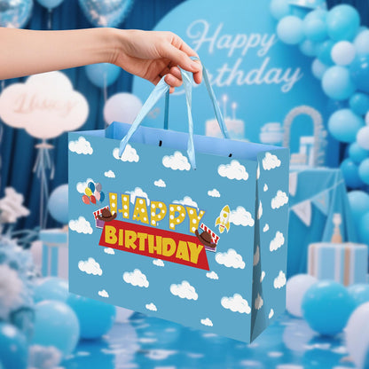 Blue Sky White Clouds Gift Bag - Extra Large Happy Birthday Bags with Card & Tissue Paper - Cheerful Cartoon Story Design for Kids Parties, Baby Showers & Celebrations