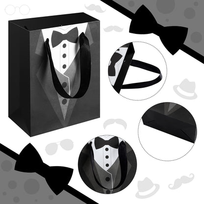 Sinmoe 24 Pieces 7 Inches Groomsmen Gift Bags Tuxedo Treat Bags Wedding Party Favor Black Tie Shirt Pattern Paper Present Wraps for Wedding Father's Birthday Anniversary Goodies Treats