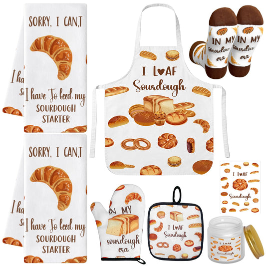 8 Pcs Mothers Day Sourdough Baking Gifts for Women Include Sourdough Bread Apron Towels Oven Mitt Pot Holder Aromatherapy Candle Socks Greeting Card for Bread Bakers Mom Sister Wife Aunt Lover