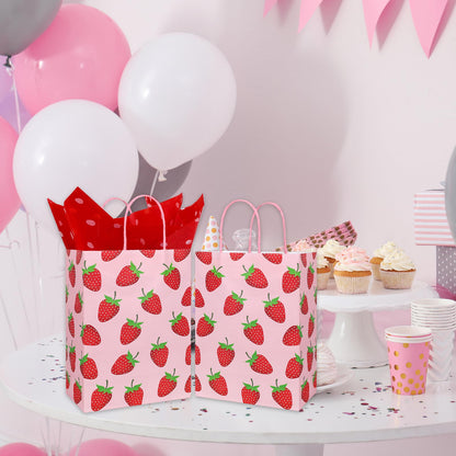 Whaline 16 Pcs Strawberry Party Favor Bags with 20 Sheets Red Tissue Paper Pink Paper Gift Bags with Handles Fruit Goodie Treat Bag for Sweet One Birthday Baby Shower Party Supplies
