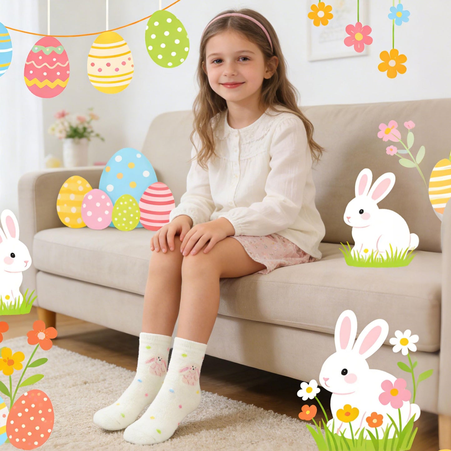 Easter Gifts for Teen Girls & Women, 5 Pcs Easter Basket Stuffers, Bunny Gift Set with 16oz Rabbit Glass Tumbler, Cute Greeting Card, Bracelet, Hair Scrunchie, Socks