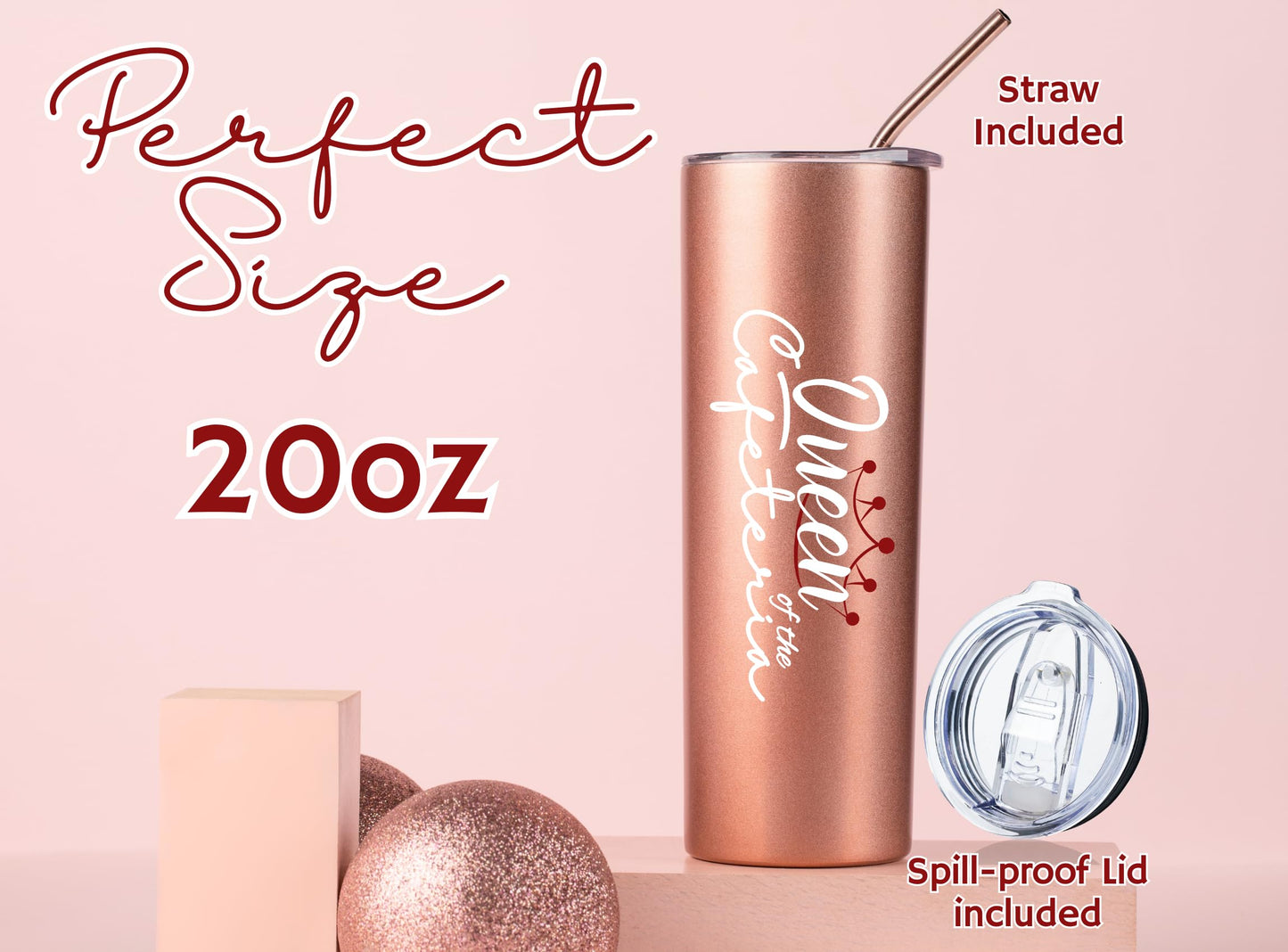 Onebttl Lunch Lady Appreciation Gifts, 20oz Stainless Steel Insulated Skinny Tumbler, Lid & Straw Included, Rose Gold