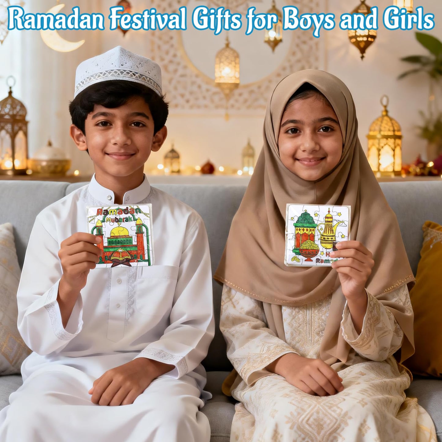 Ramadan Crafts for Kids, Eid Mubarak Arts and Crafts DIY Puzzle with Lanterns, Stars, Masjid, Moon, Castles, Ramadan Eid Activities Painting Kits for Islamic Gifts Party Favors & Goodies Bulk