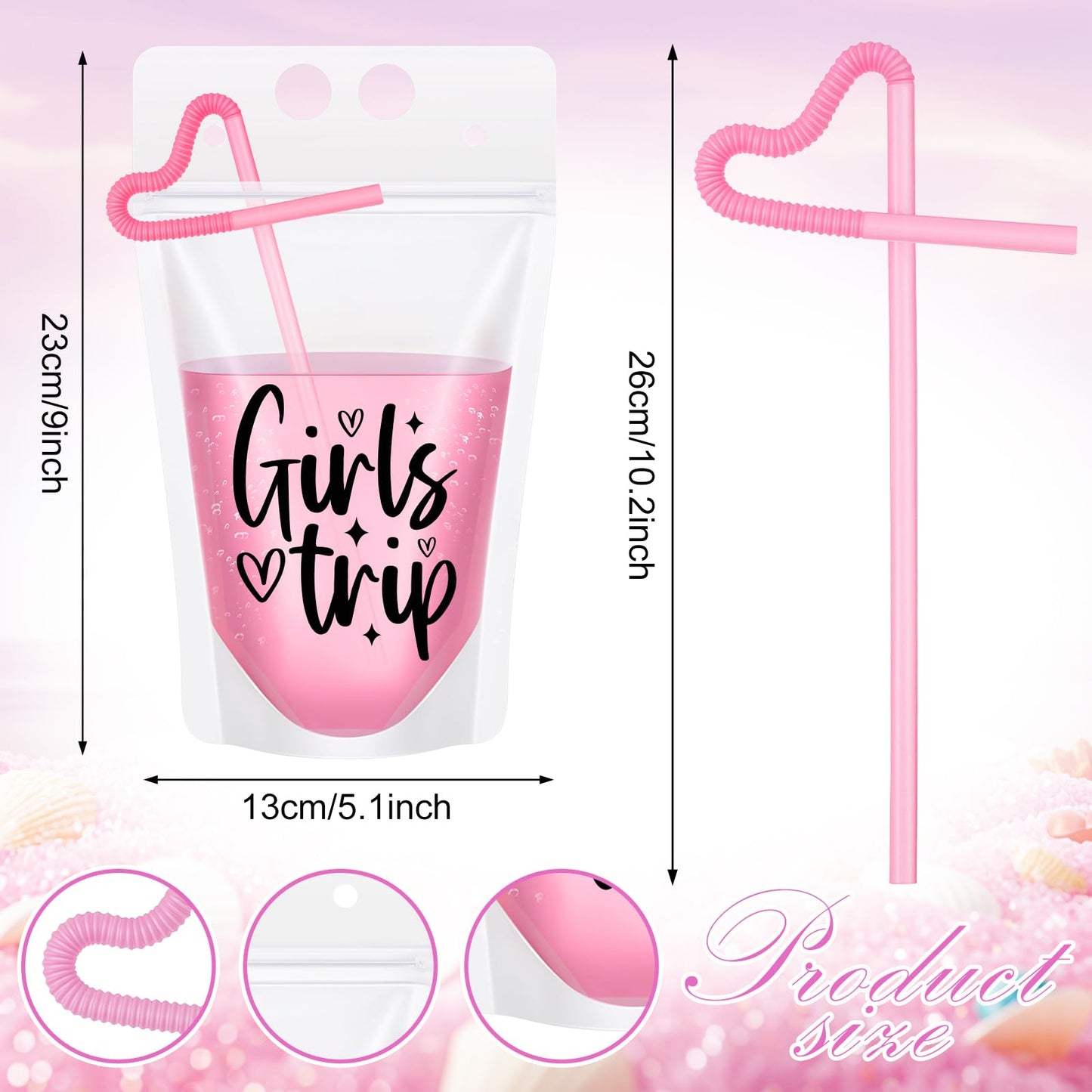 Seematn 24 Sets Girls Trip Drink Pouch Bags with Straws, Girls Weekend Getaway Drink Holders Reusable Travel Juice Bag for Sister Auntie Friends Besties Vacation