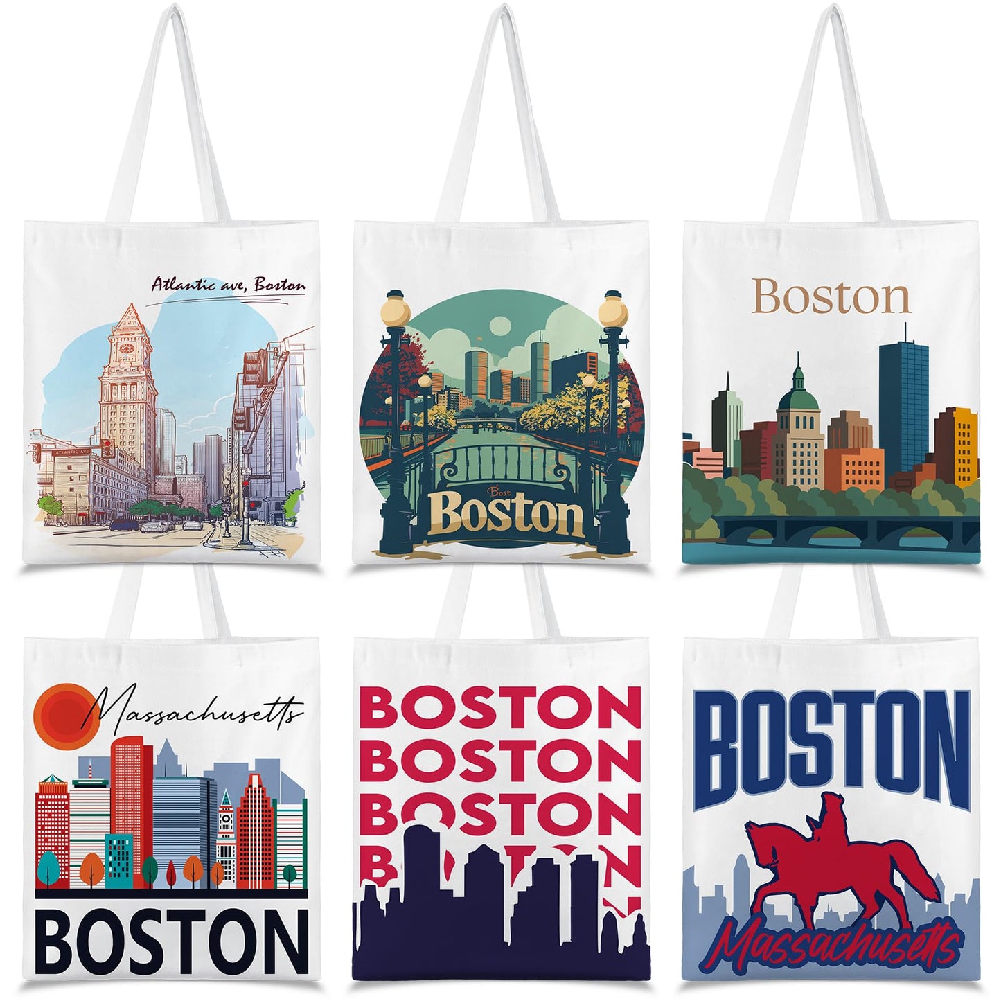 Paterr 6 Pcs Boston Souvenir Gifts Tote Bags Grocery Shopping City Themed Bag Canvas Tote City Travel Souvenirs Gifts for Women
