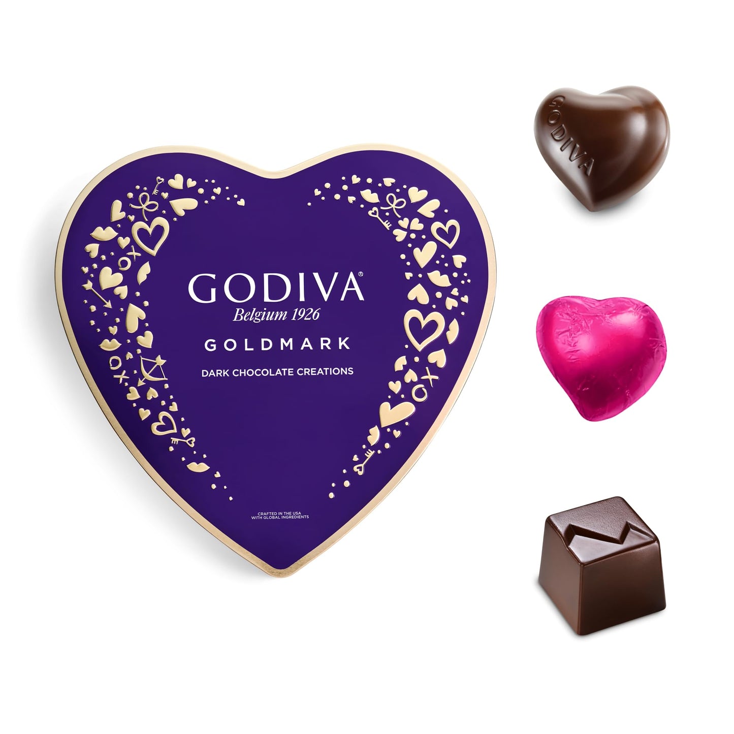 Godiva Goldmark Heart Chocolate Box, Dark Chocolates with Ganache, Elegant Gift Tin, 14 Pc