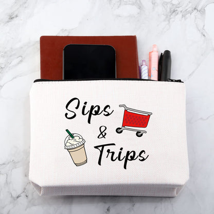 MNIGIU Shopping And Coffee Lover Gift Sips & Trips Cosmetic Bag Girl Trip Gift Thrift Shopper Gift Group Vacation Gift