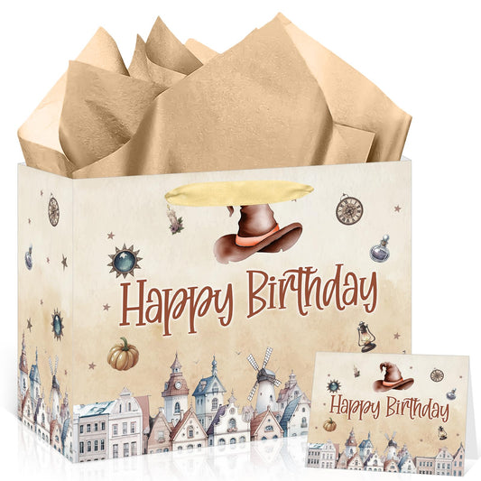 Magical Wizard Birthday Gift Bag for Kids Boys Girls Brown Witch Happy Birthday Bag with Wrapping Paper Card Large Vintage Castle Gifts Bag for Magic Bday Halloween Decorations Party Supplies