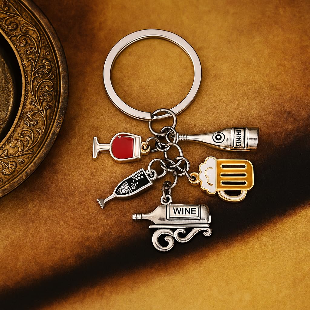 Wine Lover's Keychain Bag Charm for Womens – with Wine Glass, Champagne, Beer Mug, Bottle & Opener, Funny Keychians Gifts for Women Men Wine Lovers, Bartenders, Party Accessories