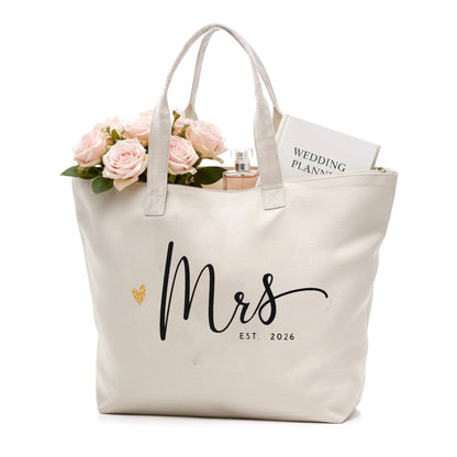 CARAKNOTS Mrs Tote Bag for Bride 2026 – Large Natural Canvas Wedding Tote with Zipper & Pocket, Future Mrs & Bride to Be Gifts for Bridal Shower, Engagement, Bachelorette Party, Honeymoon Beach Bag