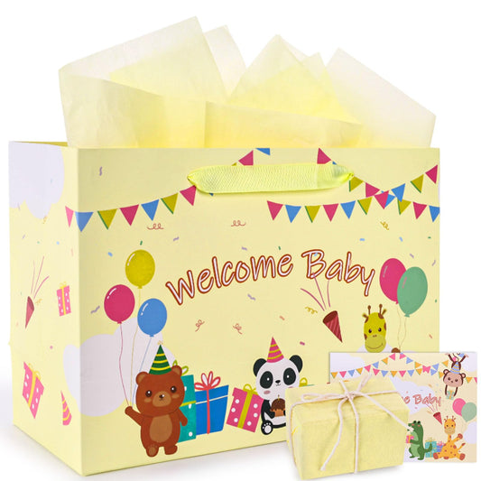 VGOODALL Gift Bag for Baby Shower, Yellow Paper Bag 12 x 4.7 x 8.3 Inches with 4 Tissue Paper and 1 Greeting Card for Newborn, Gender Reveal, Boys and Girls Party