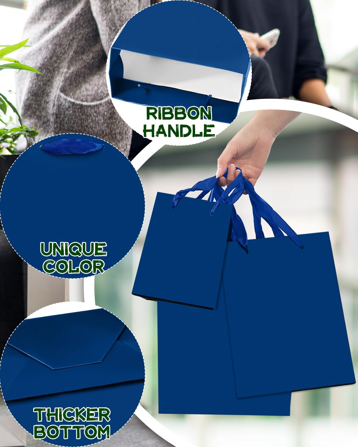 qiqee Navy Blue Gift Bags with Tissue Paper Mulit Assorted Sizes 10PCS Present Party Favor Birthday Bags(2pcs Large 13", 4pcs Medium 9", 4pcs Small 6" Bags)