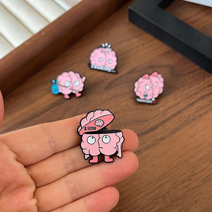 4PCS Fun Brain-Shaped Metal Pins - Neuroscience Enthusiast Gift, Clothing & Bag Accessories with Cute Expressions (Loading, Bye, Growing, A Little)