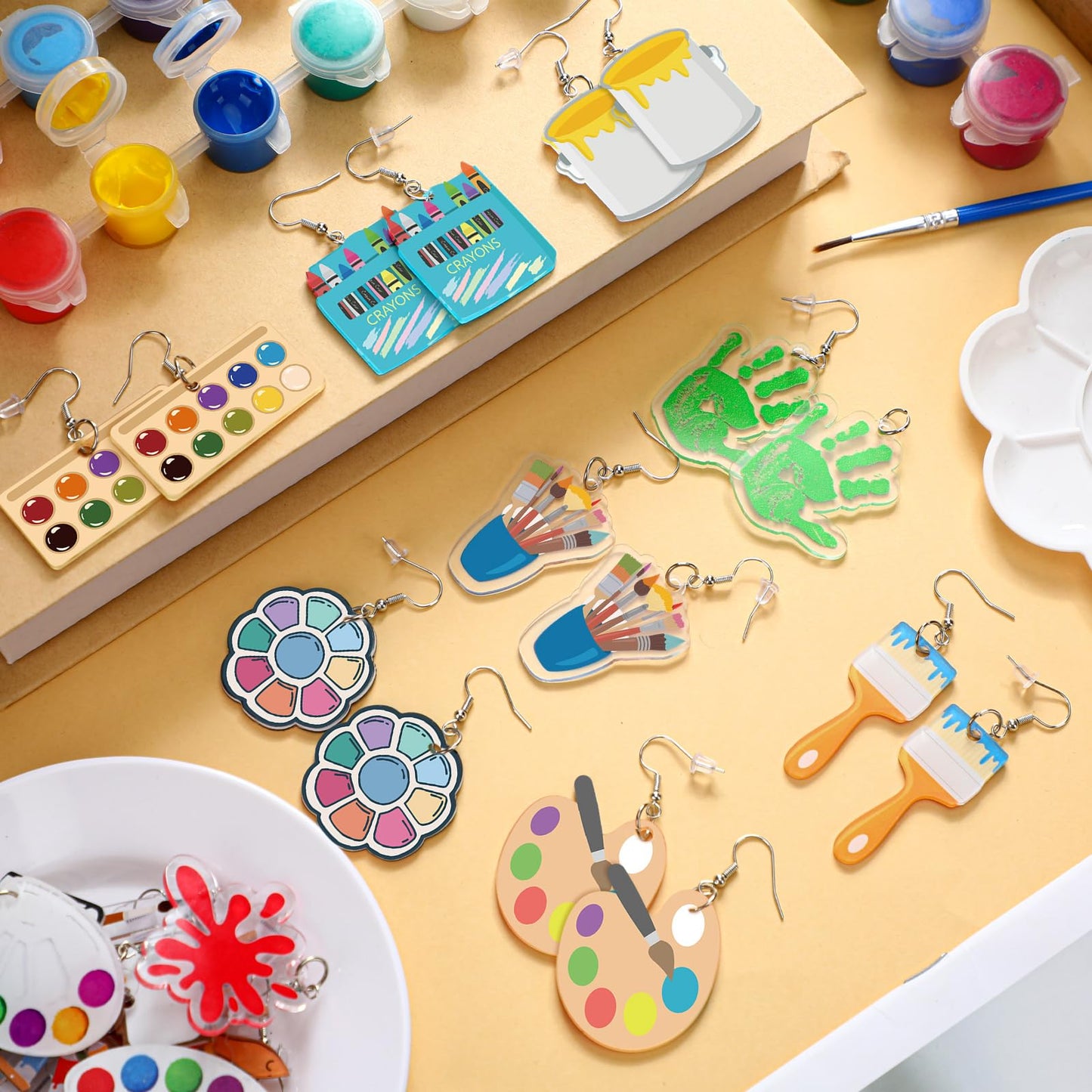 16 Pairs Art Teacher Appreciation Gifts Paint Earrings for Women Big Acrylic Dangle Drop Teacher Appreciation Earrings Personality Palette Paint Brush Jewelry Artist Painter