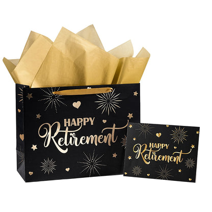 LeZakaa Happy Retirement Gift Bag, Black Goil Foil Hearts Stars Fireworks Design with Tissue Paper and Greeting Card for Men Women, 13" x 10" x 5", 1 Pcs