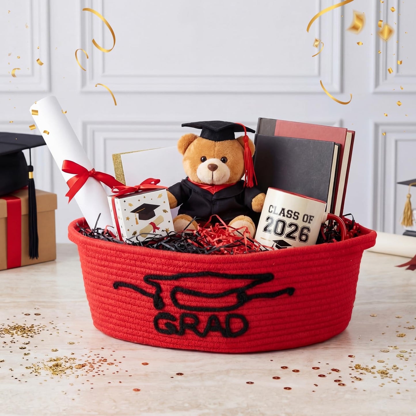 Colingmill 2 Pack Class of 2026 Graduation Empty Gift Basket 14''x10''x5.5'' Woven Rope Basket Empty to Fill with Grad Design Bag Ribbon Card Tassel, Decorative DIY Congrat Gift(Red and Black)