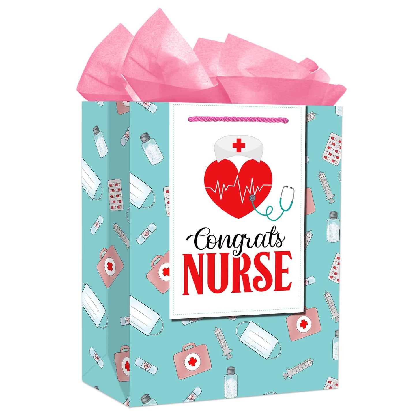 PETCEE Nurse Graduation Gifts Bag - Congrats Nurse Gift Bag with Tissue Paper for Her 11.5" Large Nursing School Graduation Gifts for Grads Medical School Graduates Social Worker Party Supplies