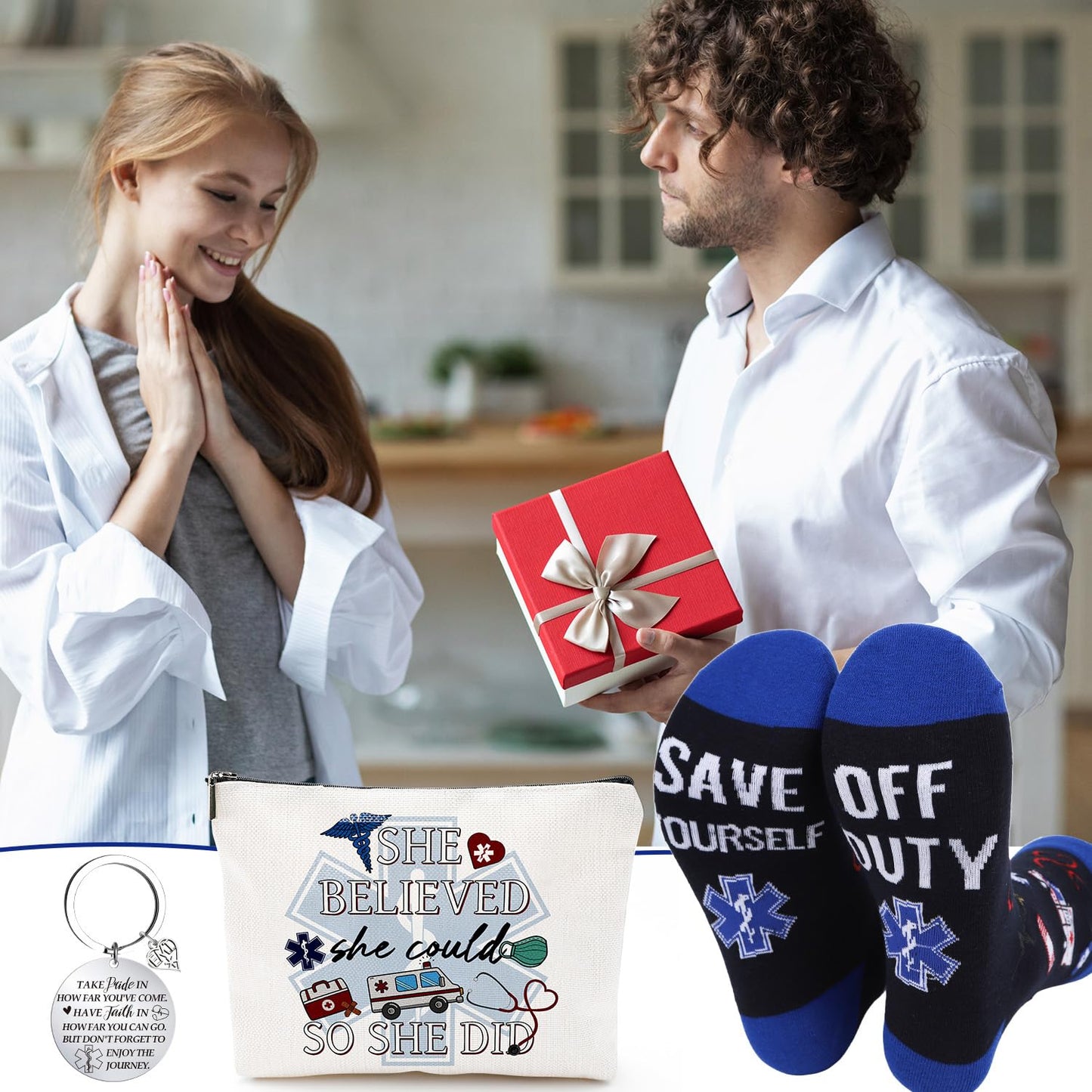 EMT Gifts for Women - 3Pcs Paramedic Gifts Sets, Emergency Medical Technician Makeup Bag Keychain Socks, Christmas EMS Week Appreciation Graduation Retirement Birthday Present for EMT Nurse