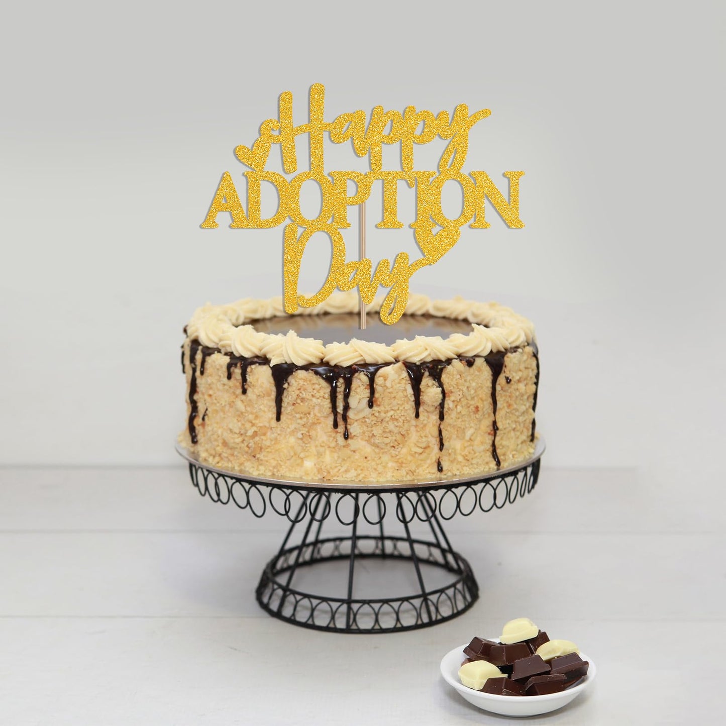 Happy Adoption Day Cake Topper - Love Makes a Family Cake Decor, Child Pet Adoption Anniversary Party Supplies Gold Glitter