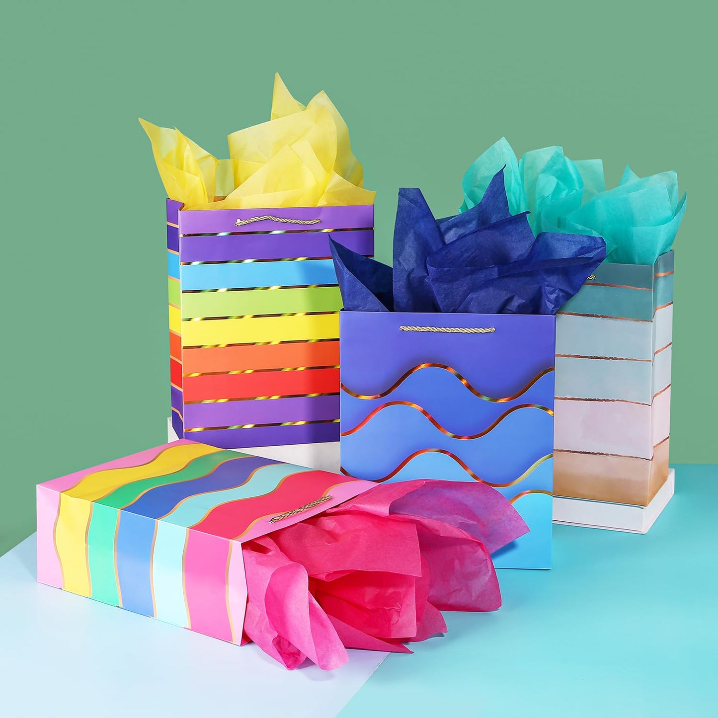 Cmecial 12.6" Paper Gift Bags with Tissue Paper, Extra Large Gift Bags with Handles, Birthday Rainbow Bag Large Size, Medium Birthday Bags Wrap Bag for Kids