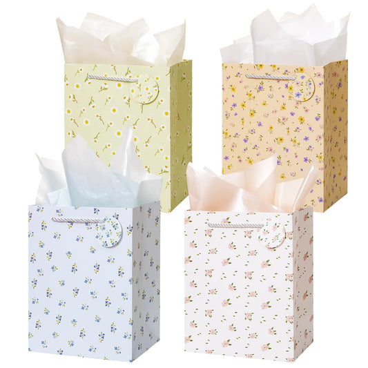 Crisky Bags for Small Business, 4 Pack Medium Gift Bags with Handles, Wildflower Floral Wedding Gift Bag Medium Size Goodie Bags with Tissue Paper for Bridal Shower, Engagement, Birthday, Graduation