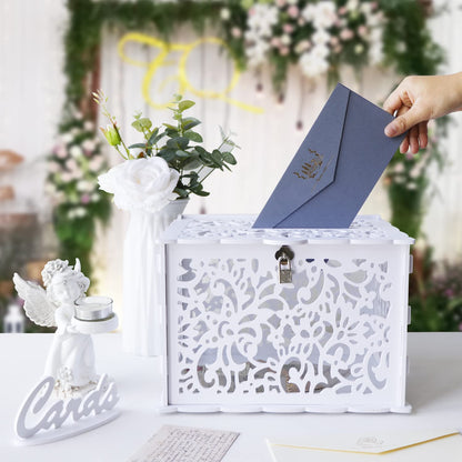 White Wedding Card Box with Lock, PVC Gift Card Box for Wedding Reception, DIY Wedding Money Envelope Box for Party Graduation Birthday Baby Shower Decorations