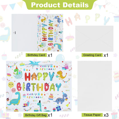 Oletx 13" Dinosaur Gift Bags with Handle,Happy Birthday Party Favor Wrapping Bags with Tissue Paper Greeting Card